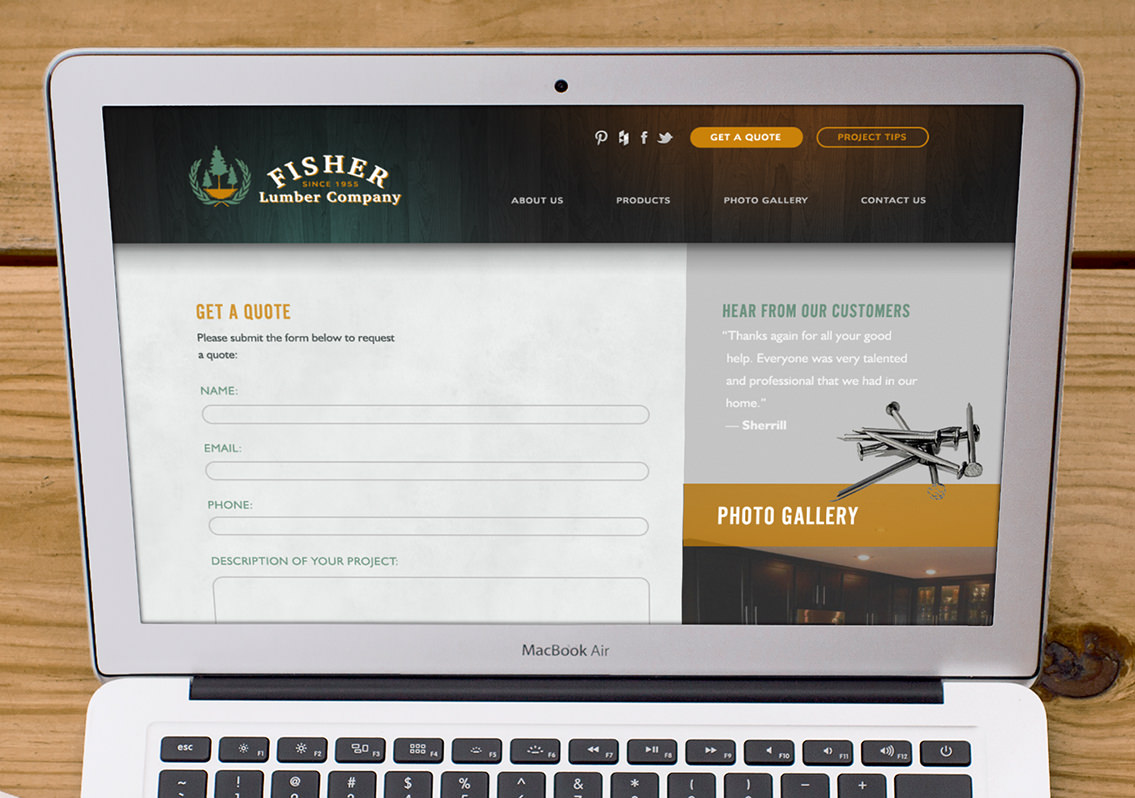 Fisher Lumber's get a quote page displayed on a Mac laptop.